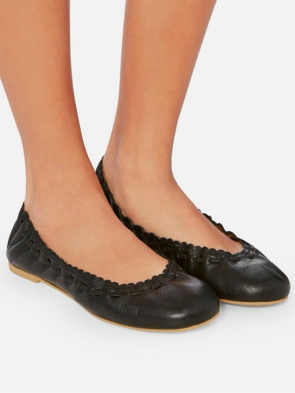 See By Chloe Black Scalloped Leather Ballet Flats